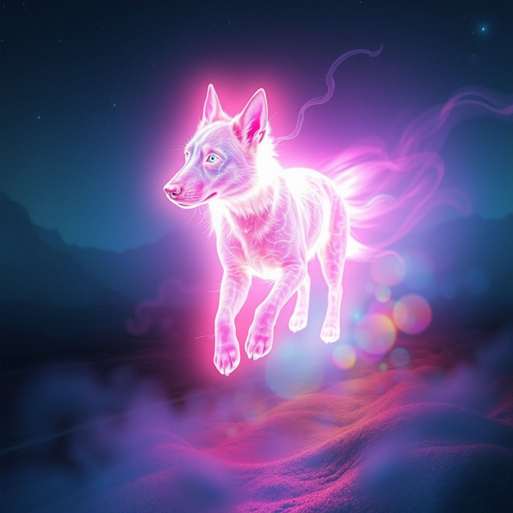 Luminous Dog Made of Light Beams in Dreamscape