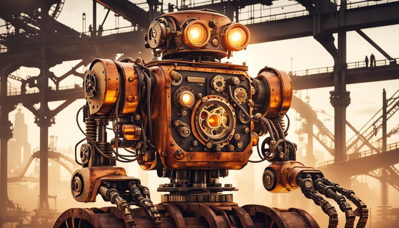 Steampunk Robot Lunch Break on Tower Construction