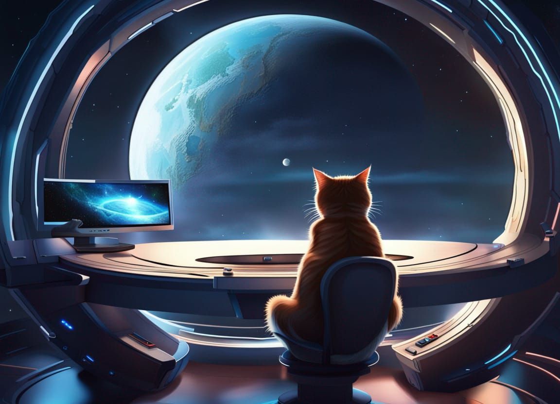 Sci-Fi Cat Commander on Spaceship Bridge