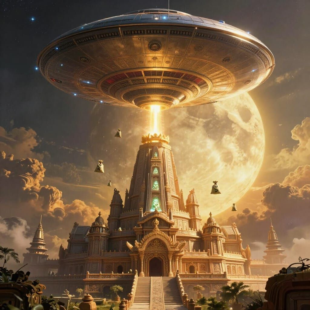 Ancient Moon Temple Abducted by UFO in Digital Painting Styl...