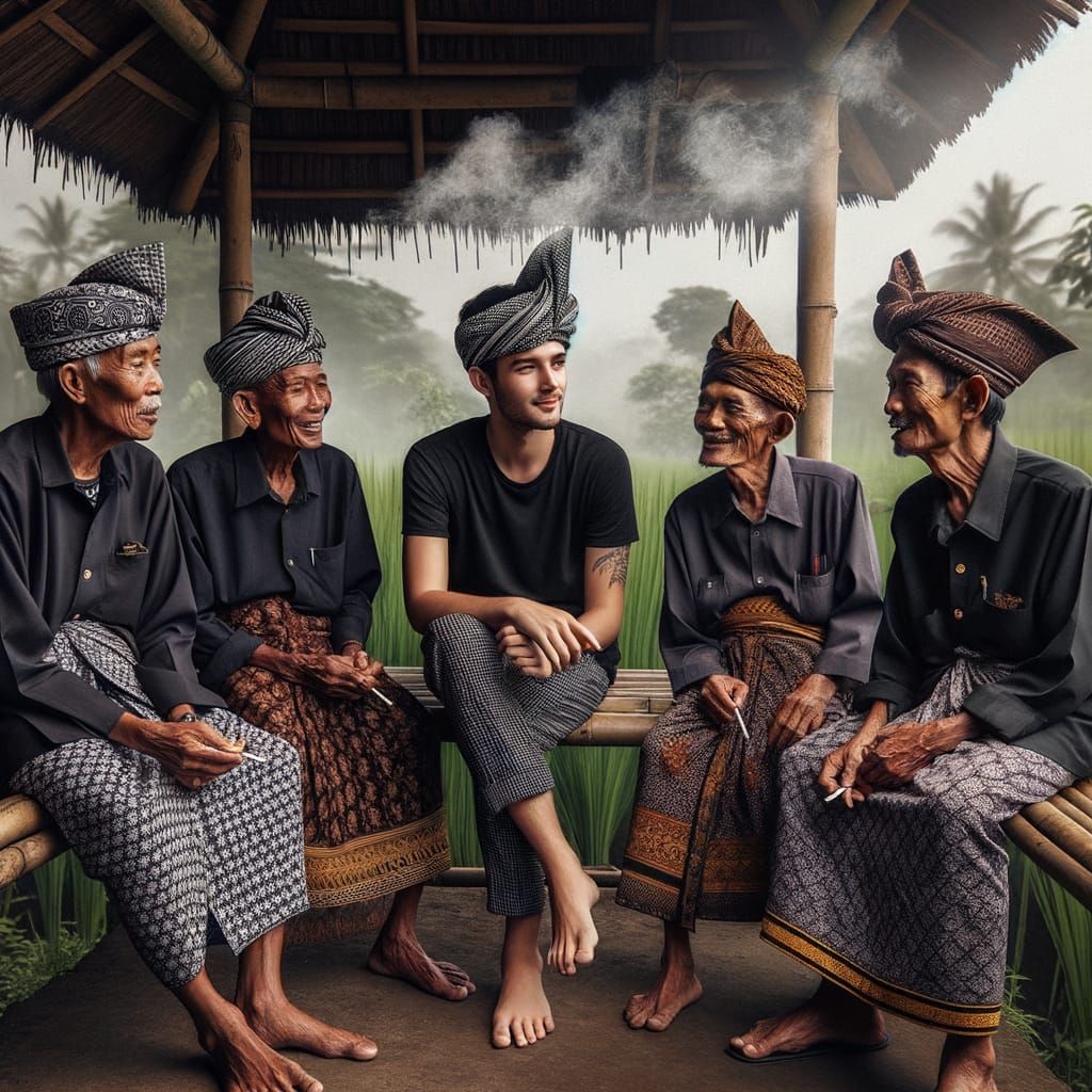 Men in Traditional Sundanese Attire Relaxing in Rice Field