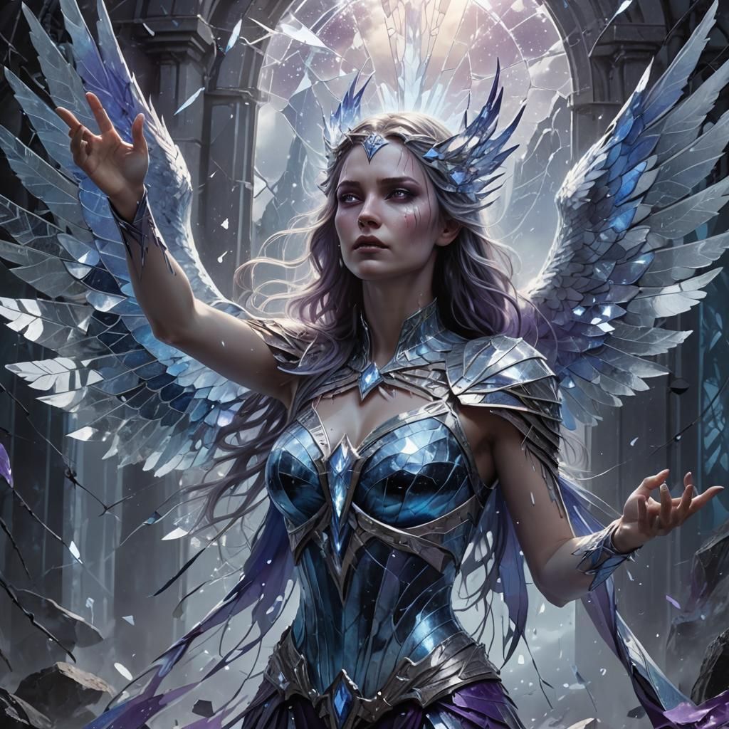 Majestic Woman with Wings in Shattered Mirror Fantasy Art