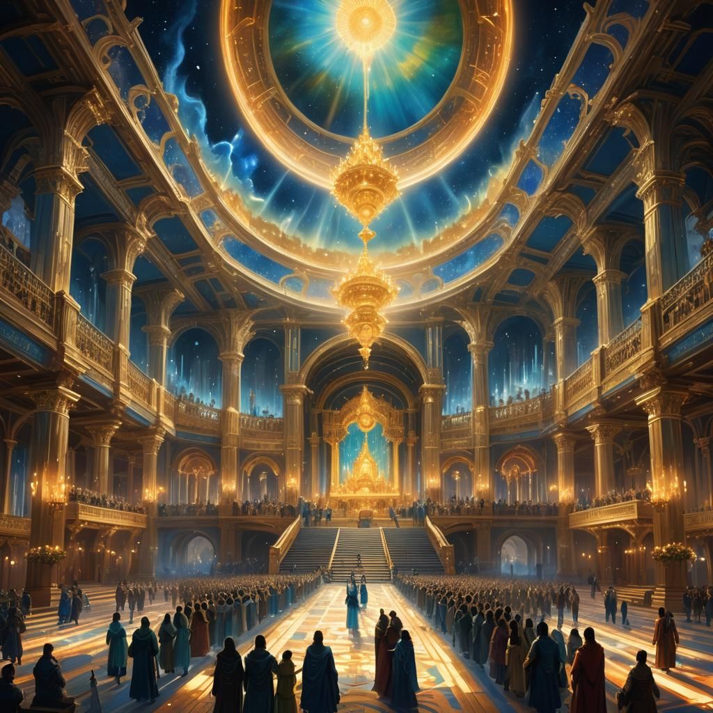 Radiant Yama's Assembly in Oil Painting Style