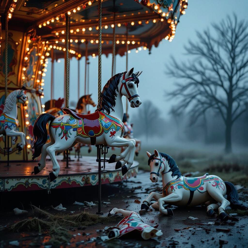 Eerie Carousel Horse in Misty Abandoned Fairground at Dusk