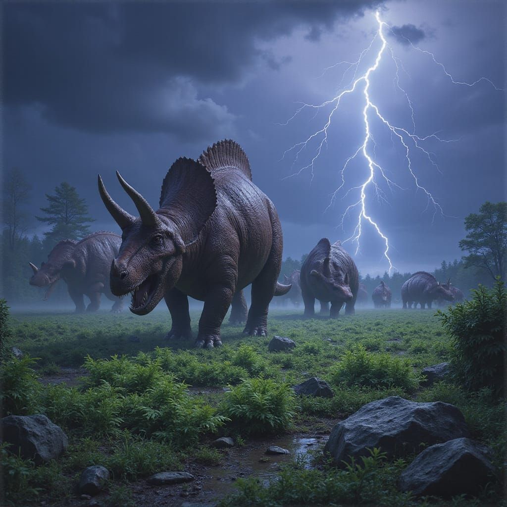 Triceratops Herd in Thunderstorm Landscape
