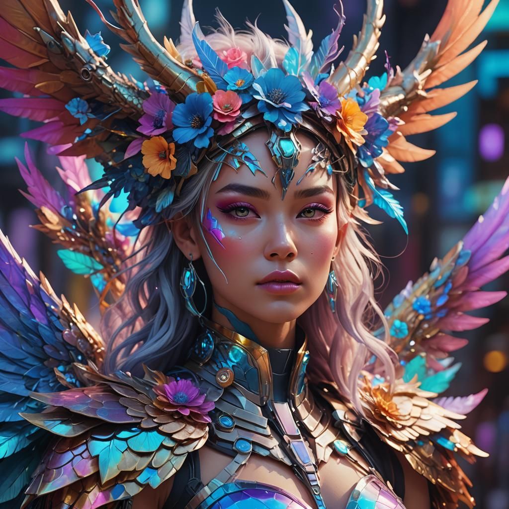 Rainbow Dragon Woman with Wings in Sci-Fi Style