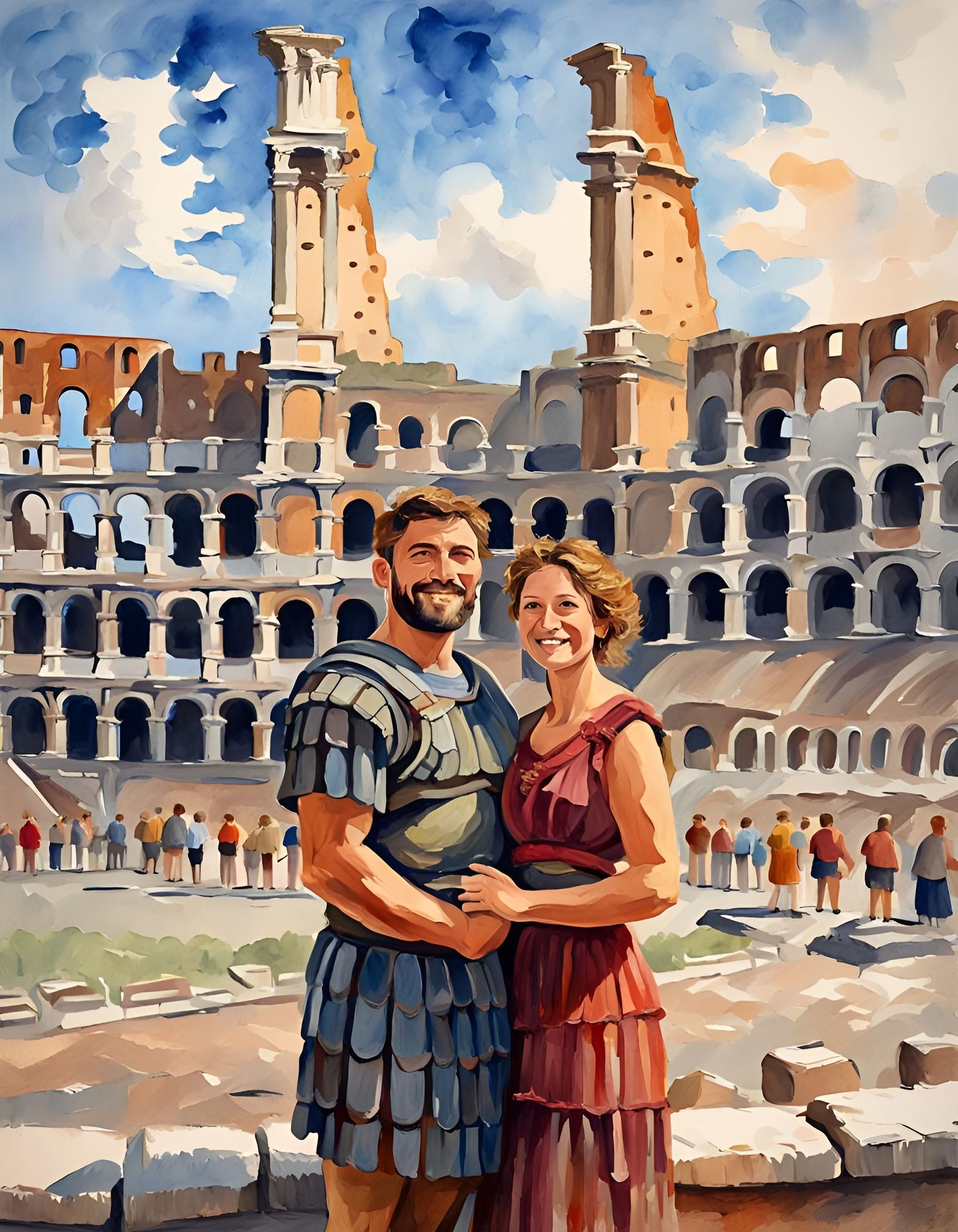 Roman Couple at the Coliseum: Gouache Watercolor Painting