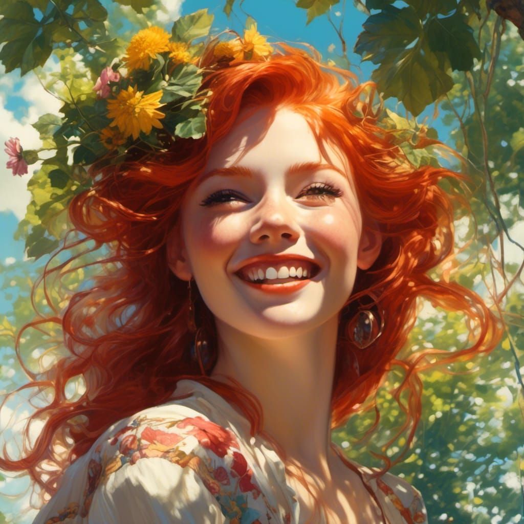 Smiling Redhead in Sunny Garden, Hyperreal Digital Art