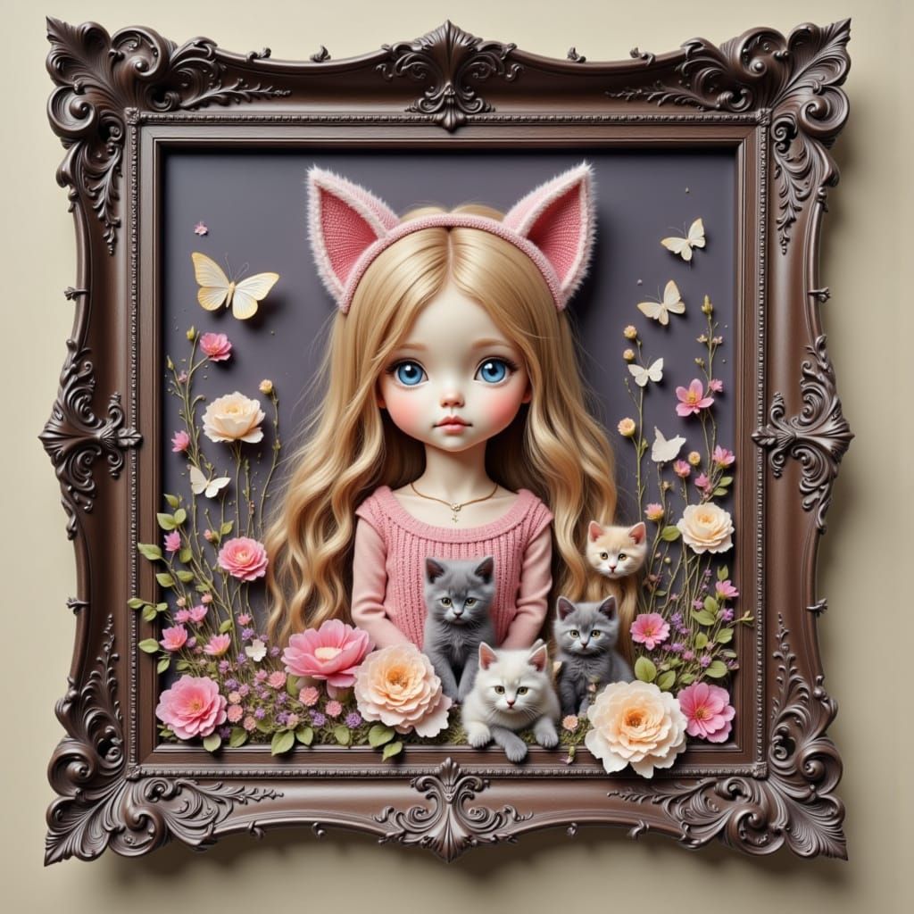 Girl With Cat Ears Framed by String and Kittens