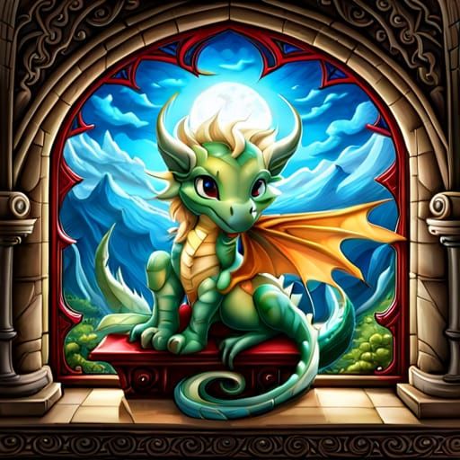 Baby Dragon Stained Glass Window Art