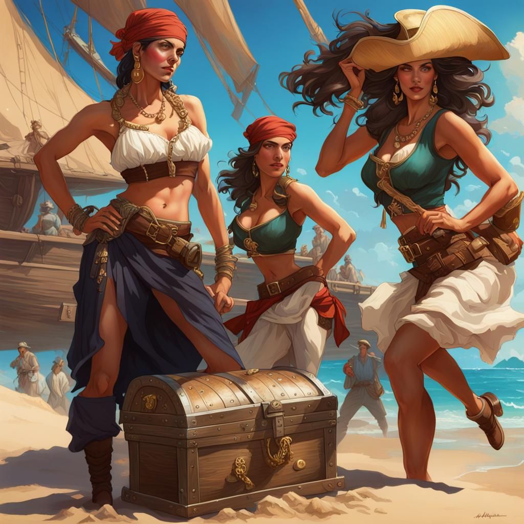 Pirate Women Guard Treasure Chest in Art Nouveau Style