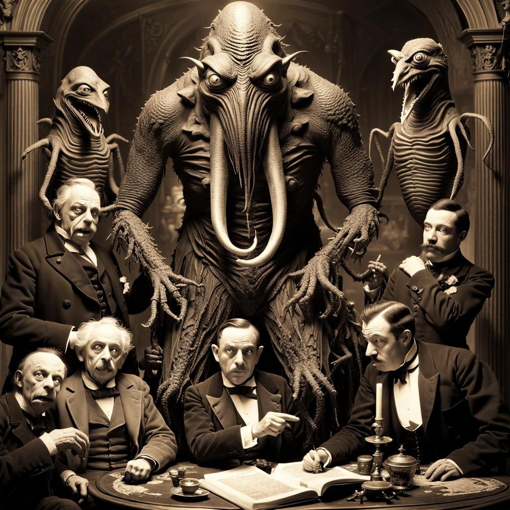 Surreal Sepia Photo of Lovecraftian Monster and Gentlemen