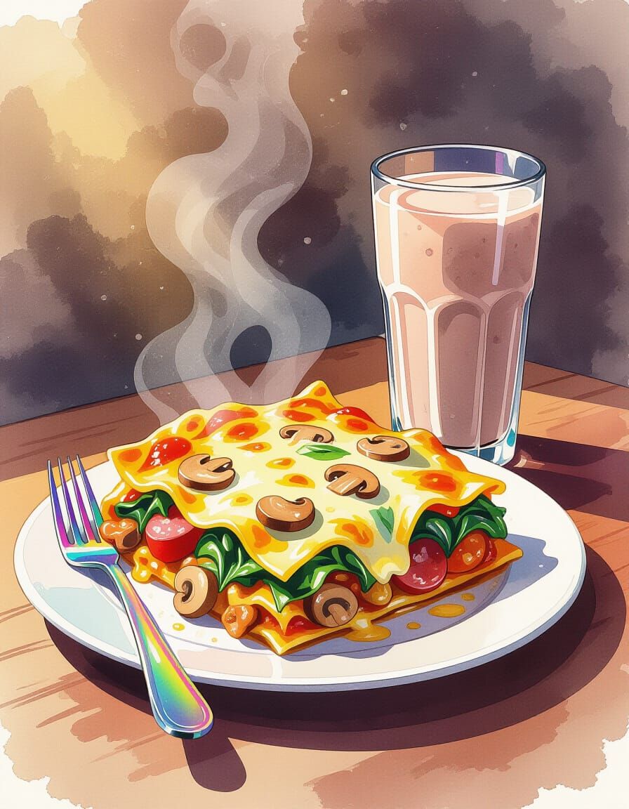 Steaming Lasagna and Chocolate Milk in Watercolor Style