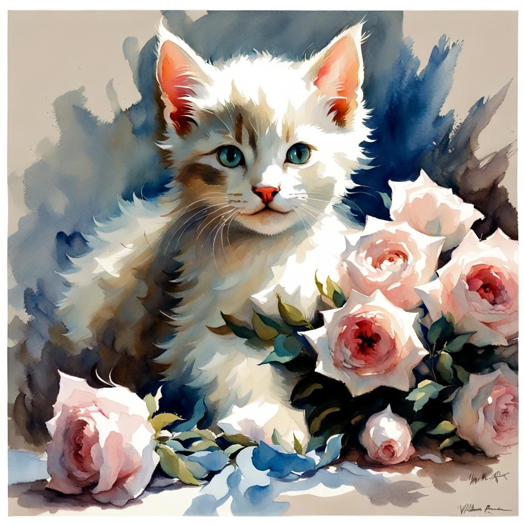 Dreamy Kitten in Rose Bouquet Watercolor