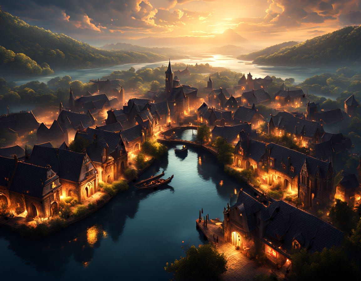 Medieval Village at Night: Aerial Fantasy Art