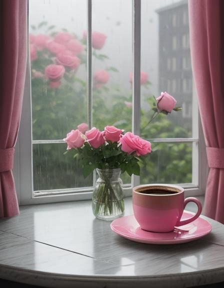 Rainy Morning Window with Coffee and Roses