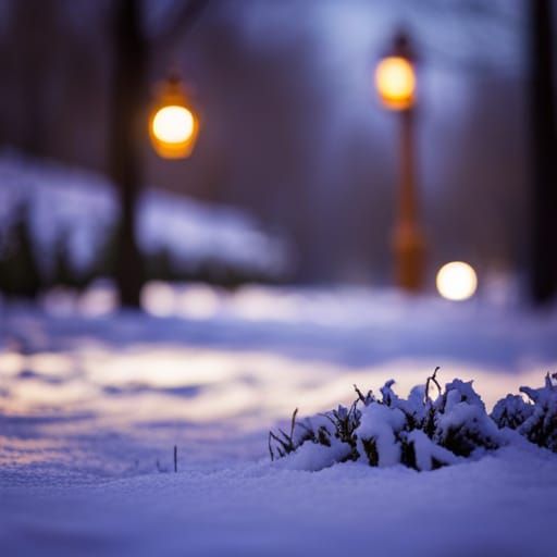 Winter Evening: Snow-Covered Park with Lanterns