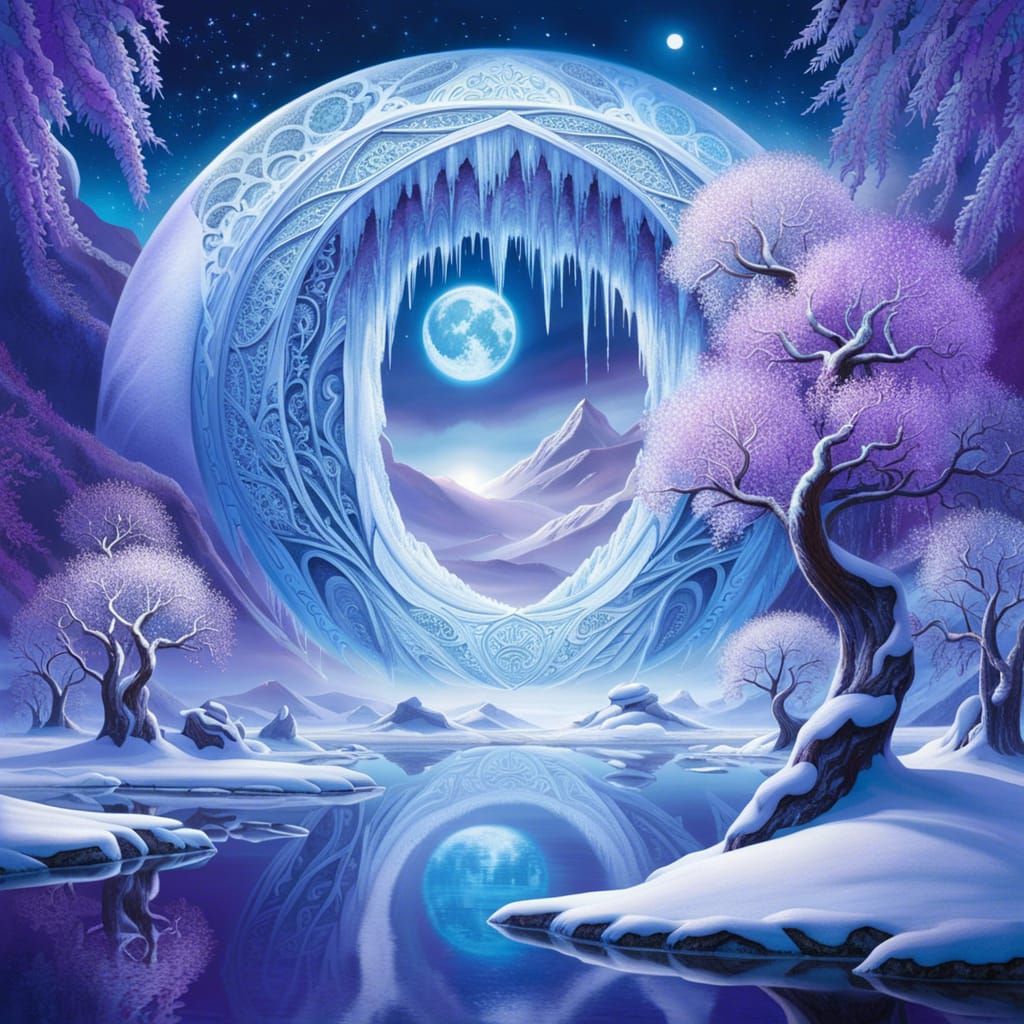 Mystical Ice Portal with Dragons and Floating Islands