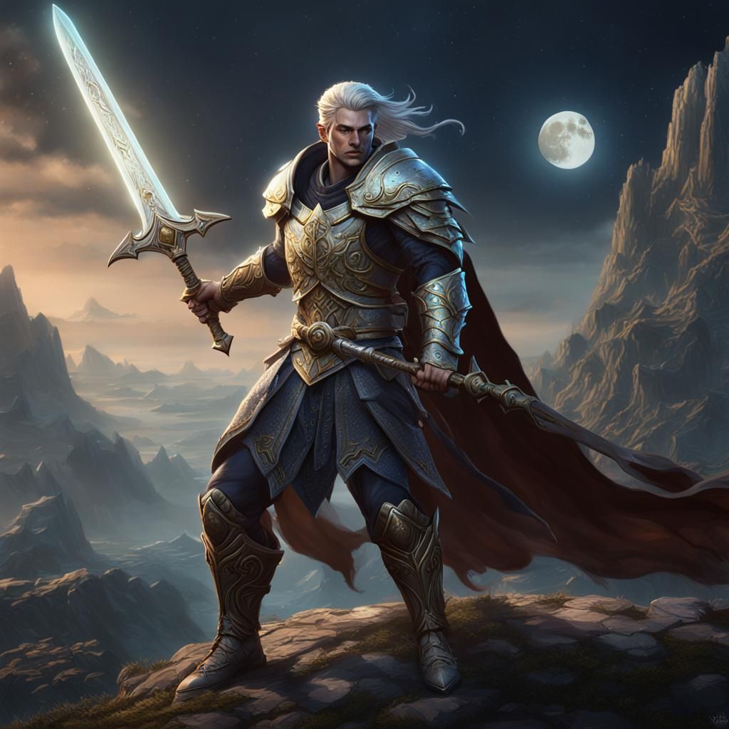 Moon Elf Paladin with Longsword: Fantasy Art