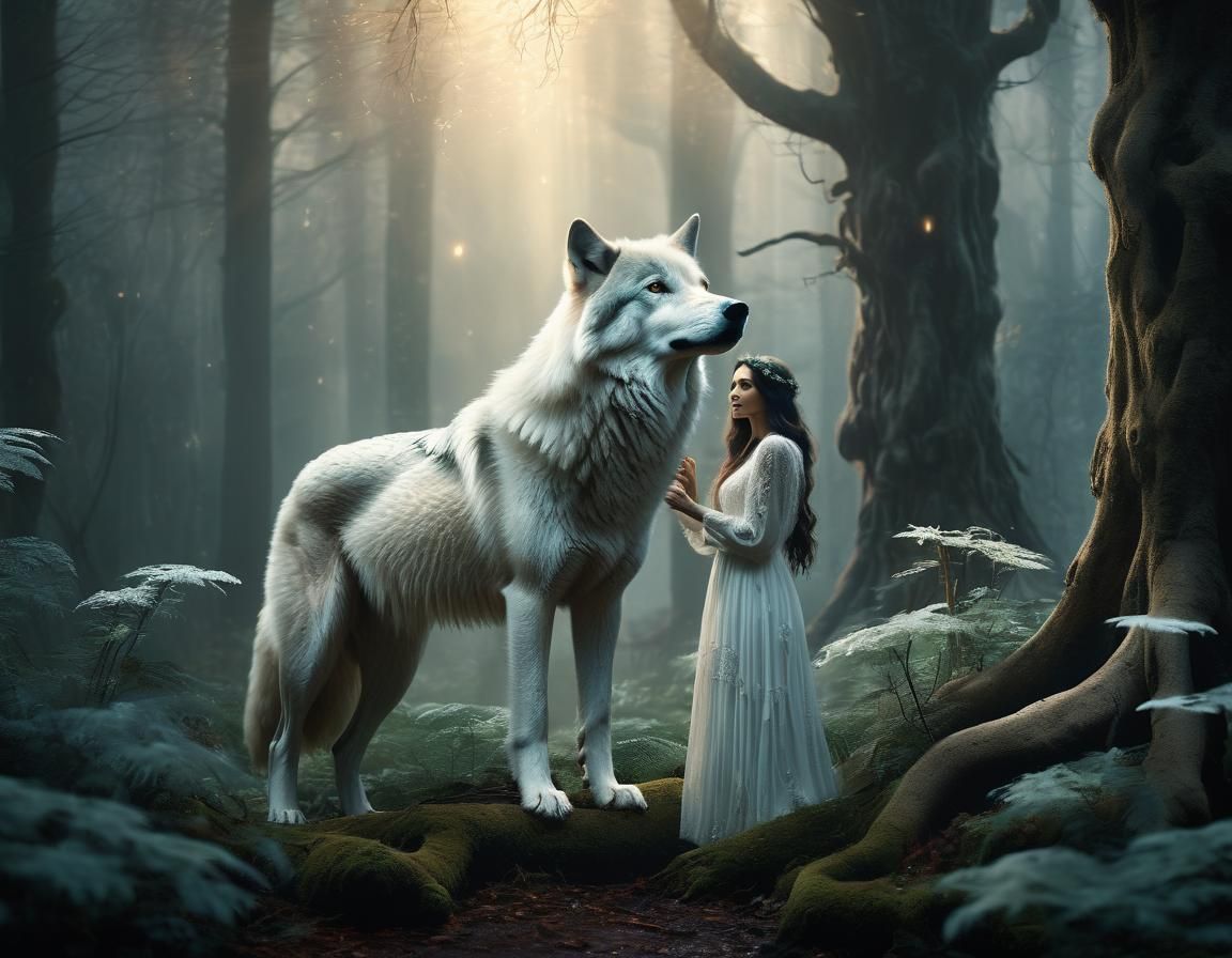 Girl and Wolf in Mystical Forest Illustration