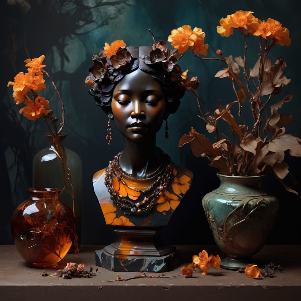 Whimsical Dark Fae Amidst Amber Florals