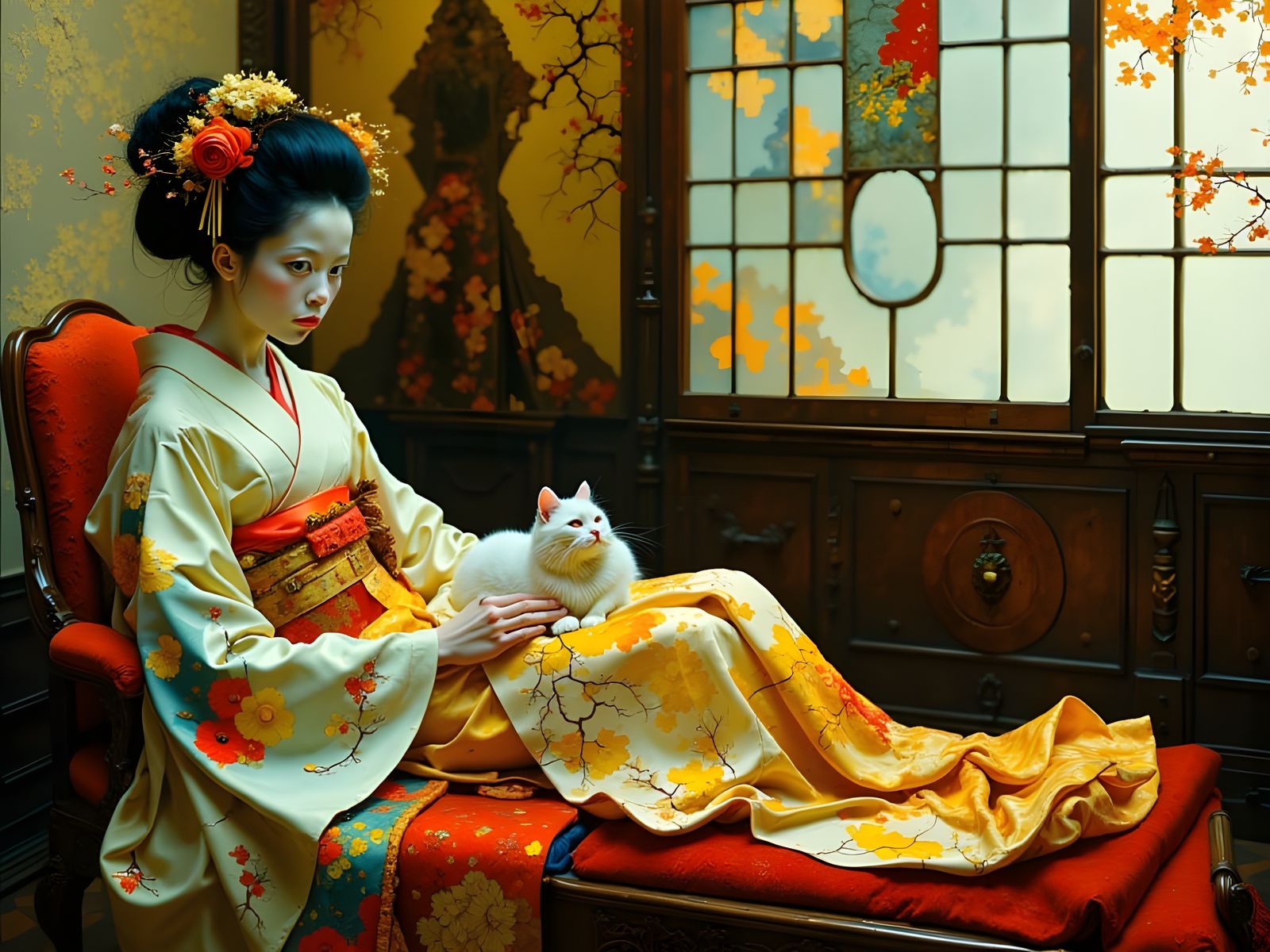 Geisha with Cat in Imperial Palace