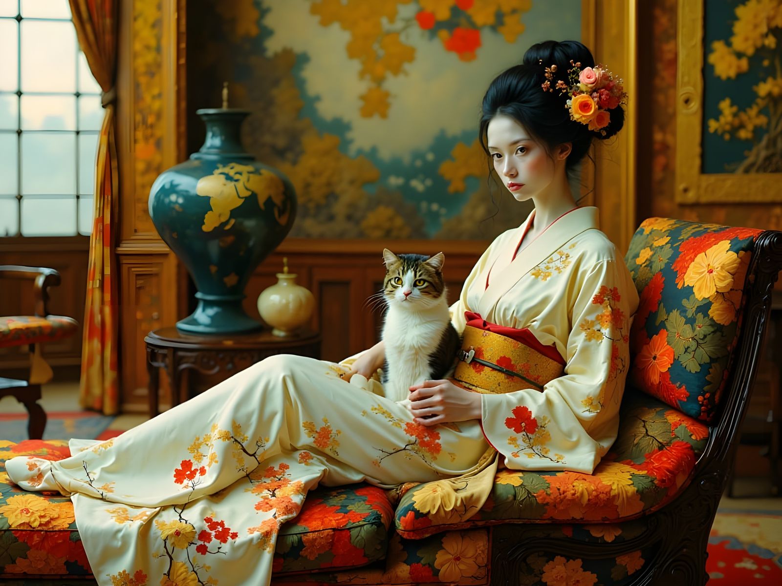 Geisha and Cat in Art Nouveau Style