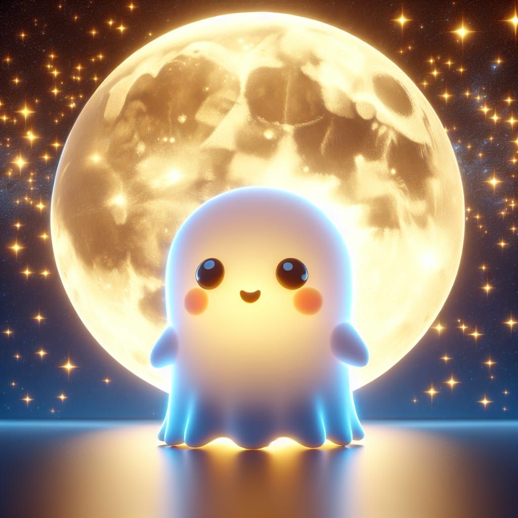 Disney Pixar style 3D adorable baby ghost, floating in front of a glowing full moon, glowing in a spectacular night sky ...