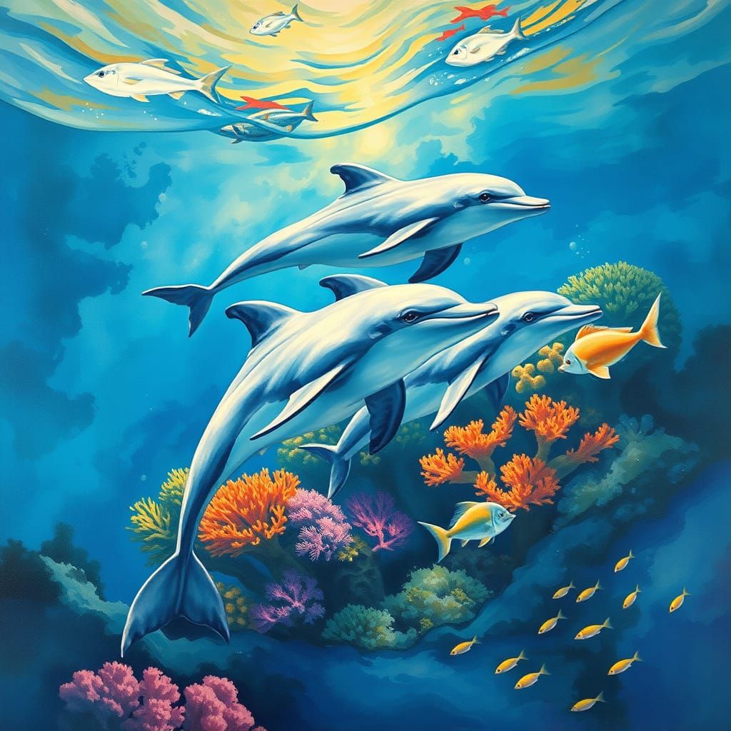Dolphins in Coral Reef: Gouache Impressionist Style