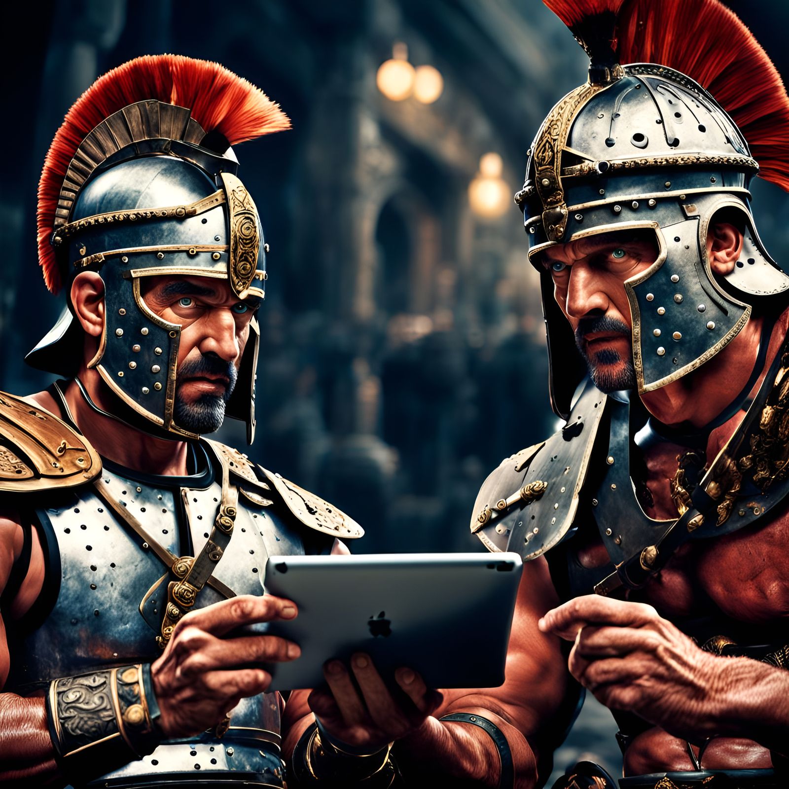 Gladiators discussing their secret plan of attack on an iPad