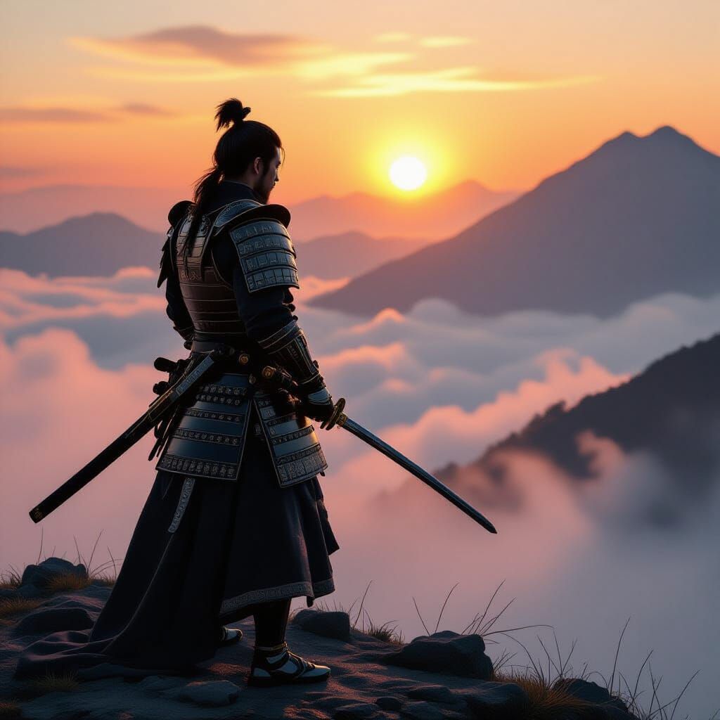 Samurai Warrior on Misty Mountain Peak at Dawn