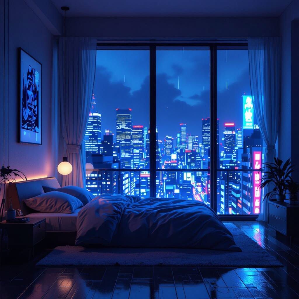 Cyberpunk Japanese Bedroom with Neon City View