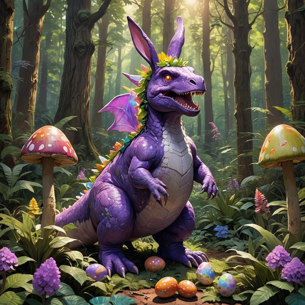 Easter Bunny Dinosaur Hybrid in Ethereal Forest