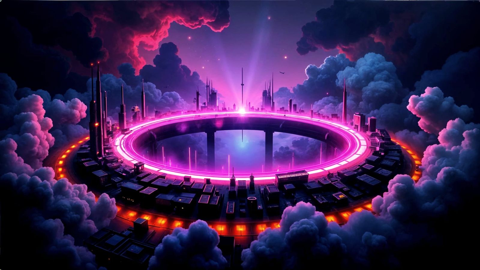 Massive Circular Space City with Neon Portal