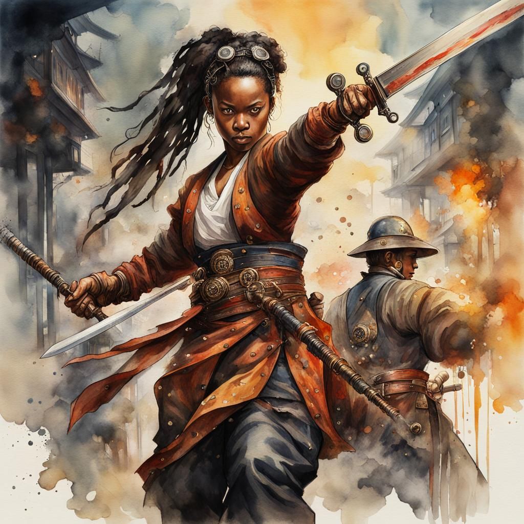 Steampunk Ninja Warrior Slices with Samurai Sword