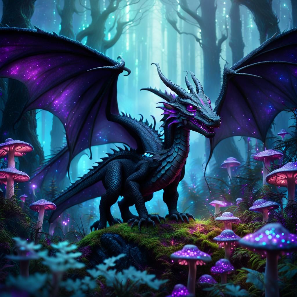 Black Dragon in a Surreal Forest, Fantasy Art