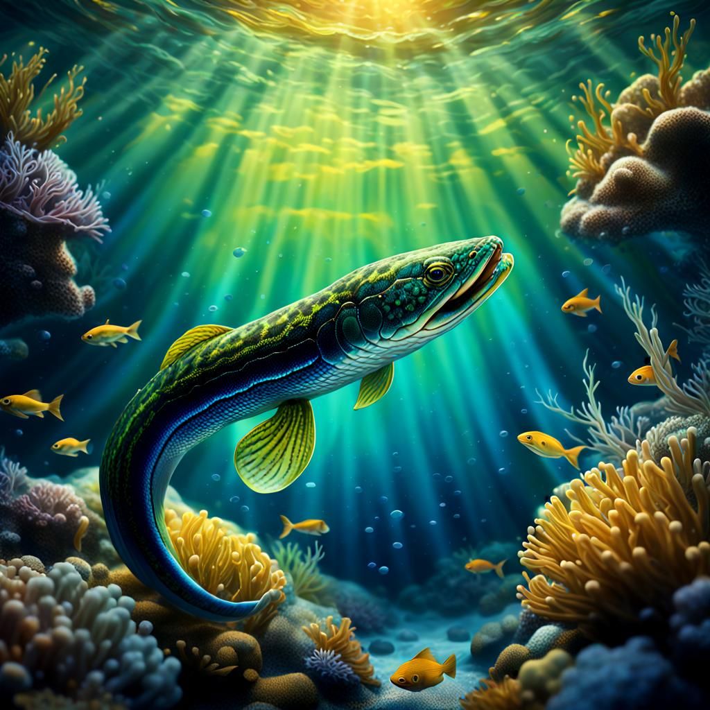 Underwater Eel in Bioluminescent Marine Dreamscape