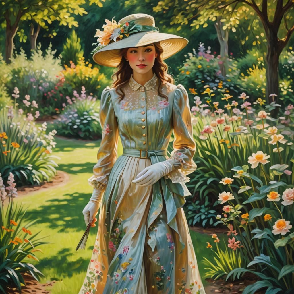 Impressionistic Lady in Garden with Pastel Dress