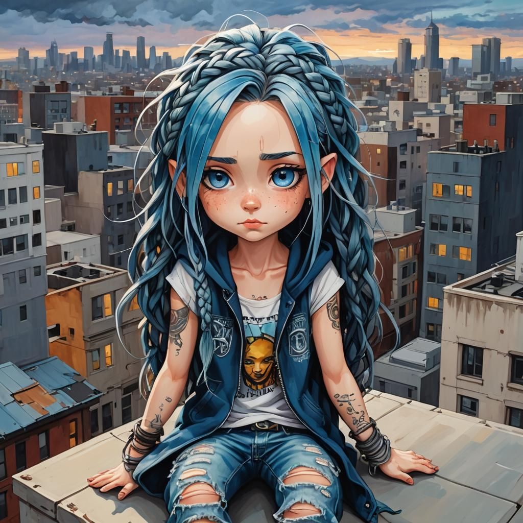 Chibi Girl with Blue Hair on Rooftop, Oil Painting