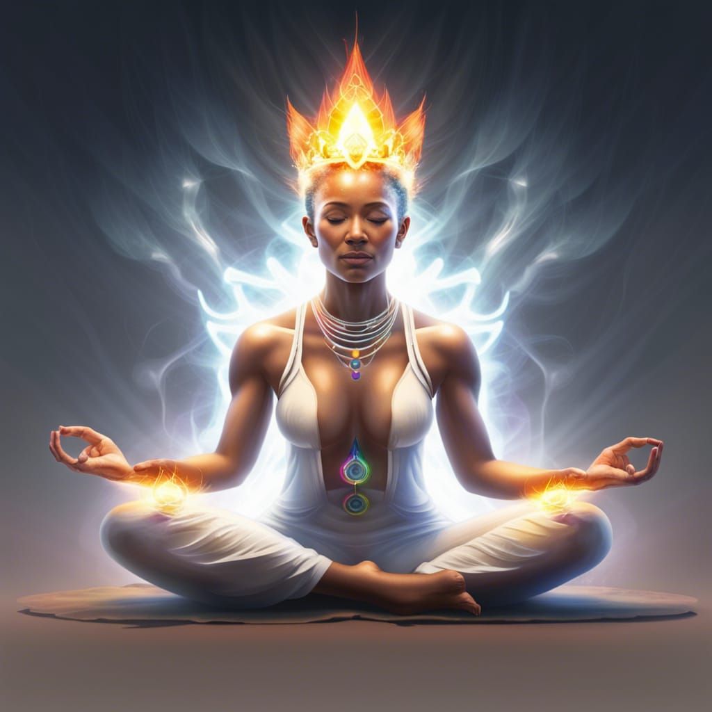 Meditator in Lotus Position with Radiating Chakras