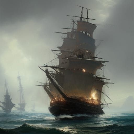 Pirate Ship Battle in Style of Maritime Art