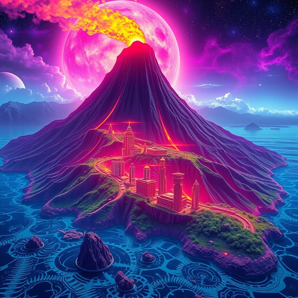 Surreal Futuristic Volcano Cityscape on an Underwater Planet