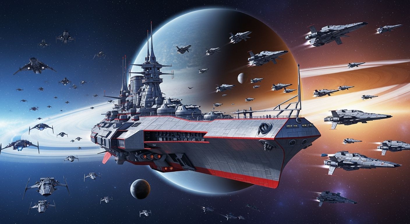 Colossal Space Battleship Fleet in Cosmic Starfield