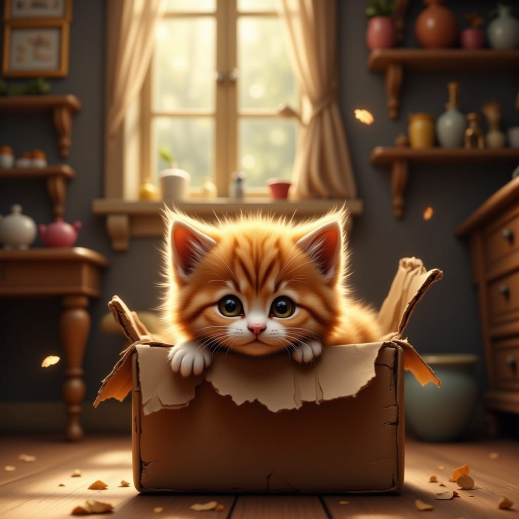 Fluffy Ginger Kitten Peeking From Cardboard Box