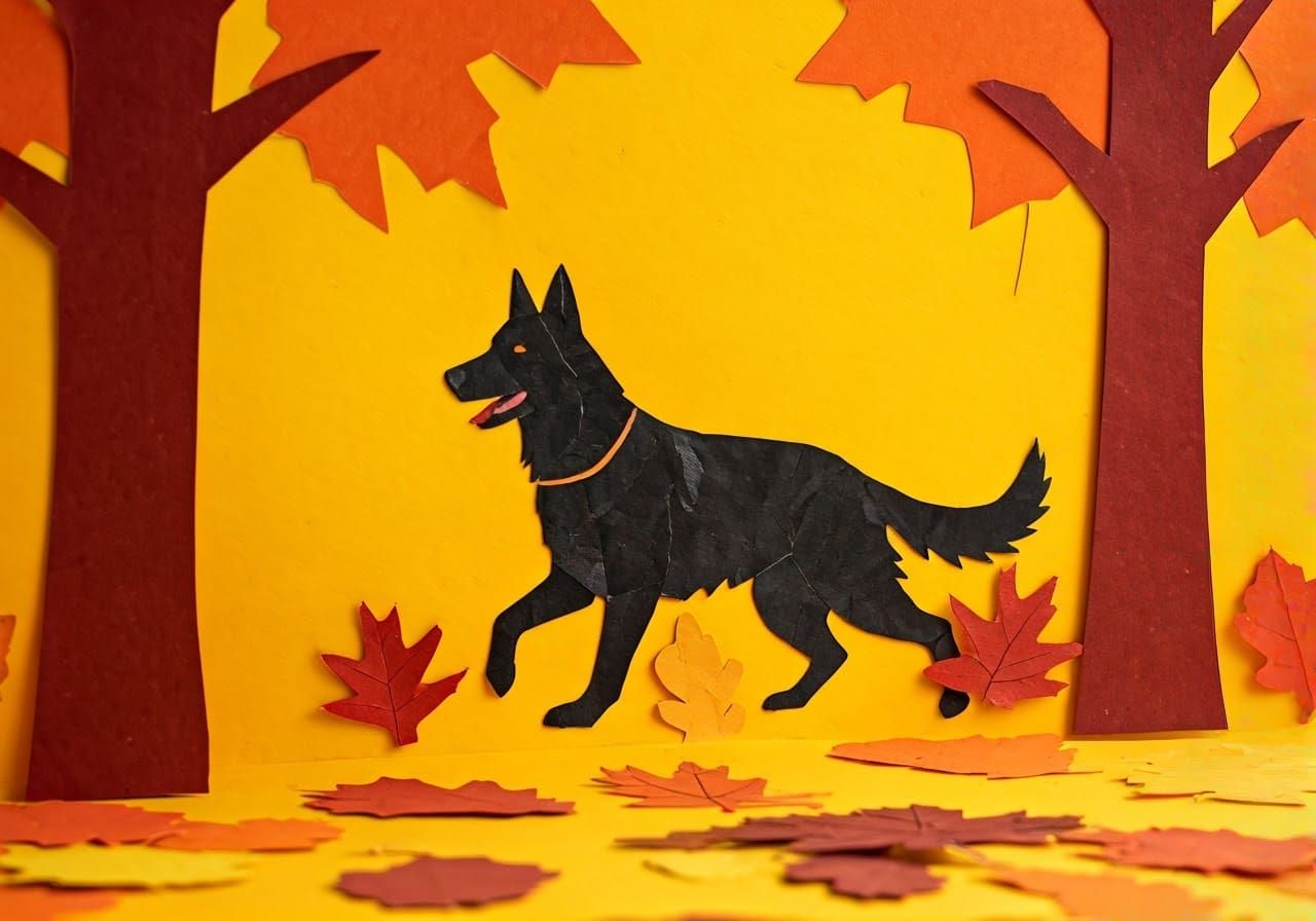 German Shepherd Dog in Autumnal Paper Collage Forest