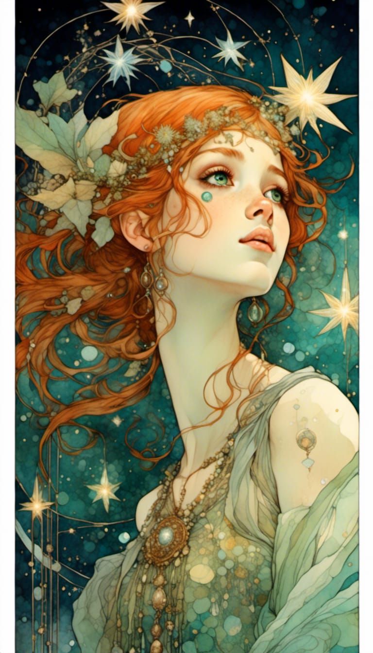 Copper-Haired Girl Wishes on a Star in Art Nouveau Style