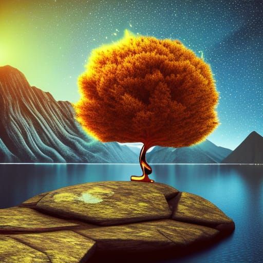 Golden Tree in Lake: Astral Cosmic Illustration