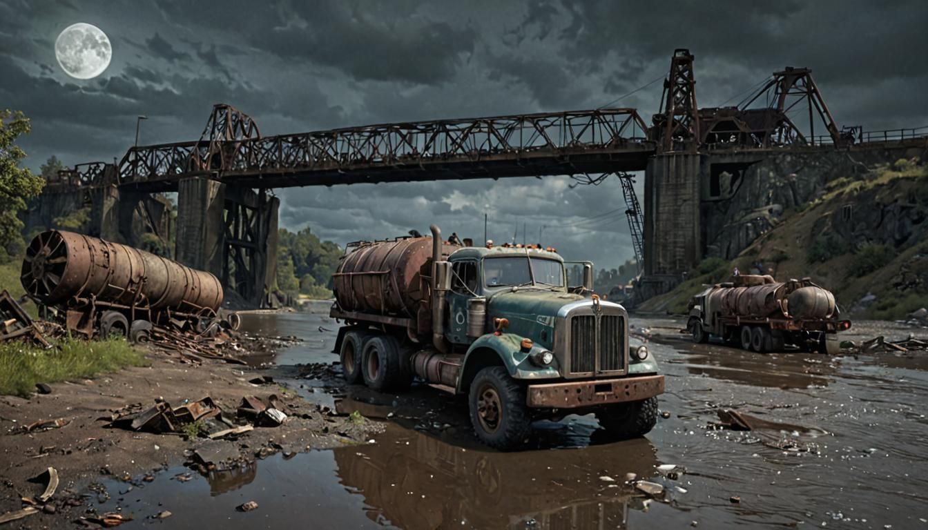 Dieselpunk Wasteland: Wrecking Truck Under Moonlight