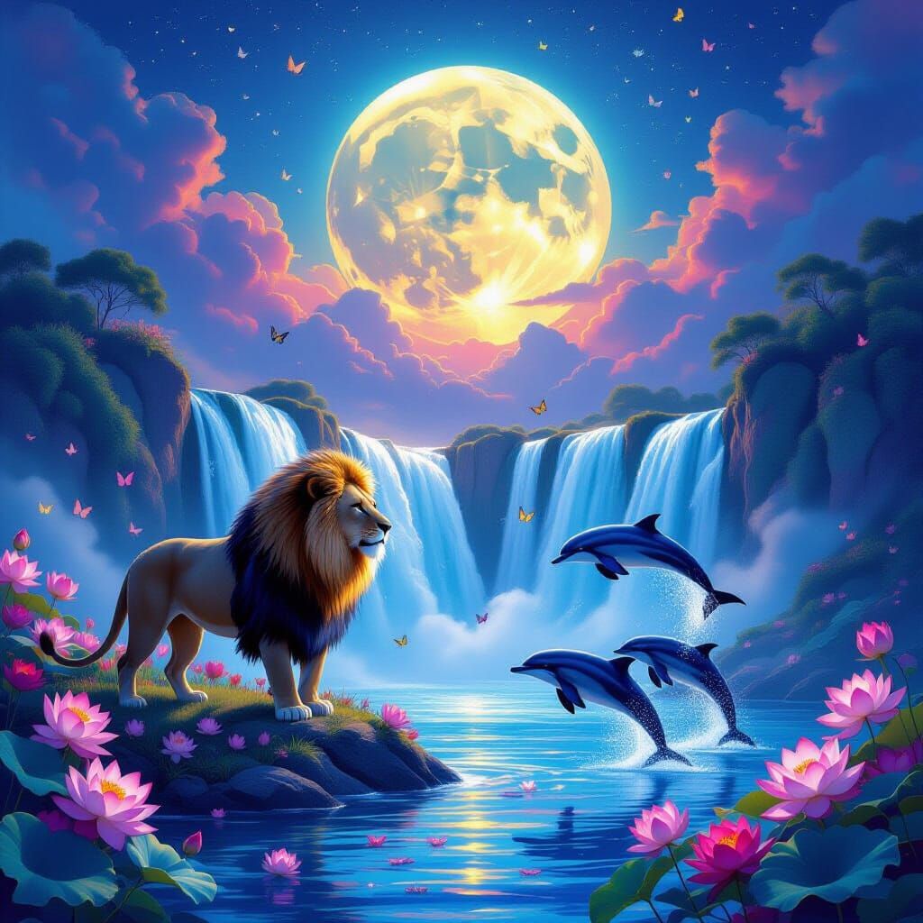 Lion by Waterfall Under Colorful Moon with Dolphins