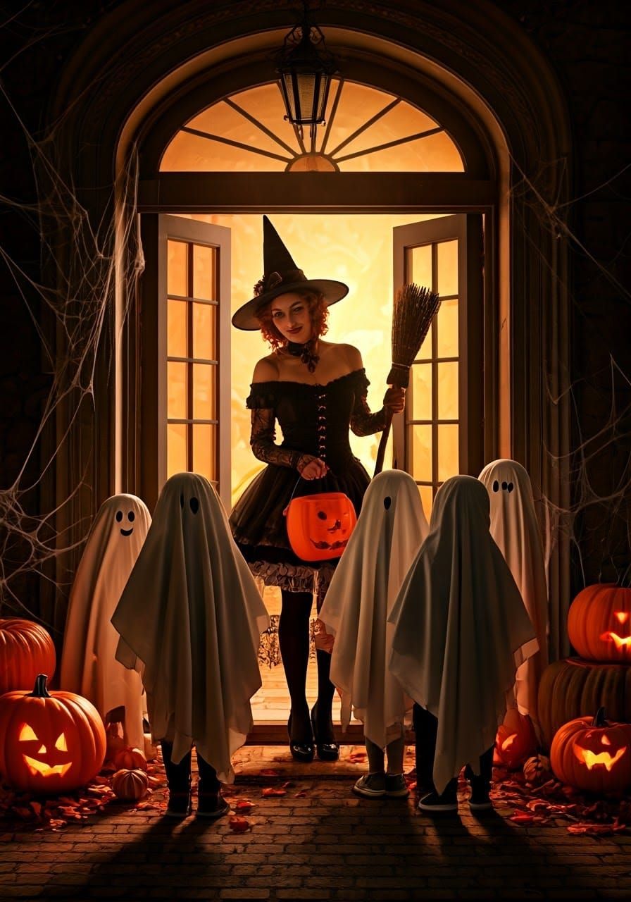 Victorian Witch and Halloween Trick-or-Treaters